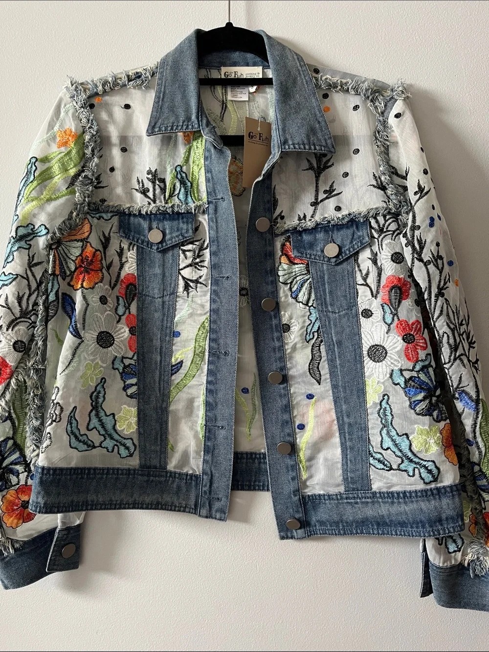 Go Fish Organza Embroidered Jean Jacket small floral mesh sheer jacket spring - Picture 2 of 6